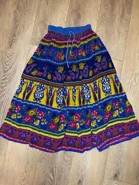 Vintage Papillon Blue & Yellow Floral Crepe Maxi Skirt